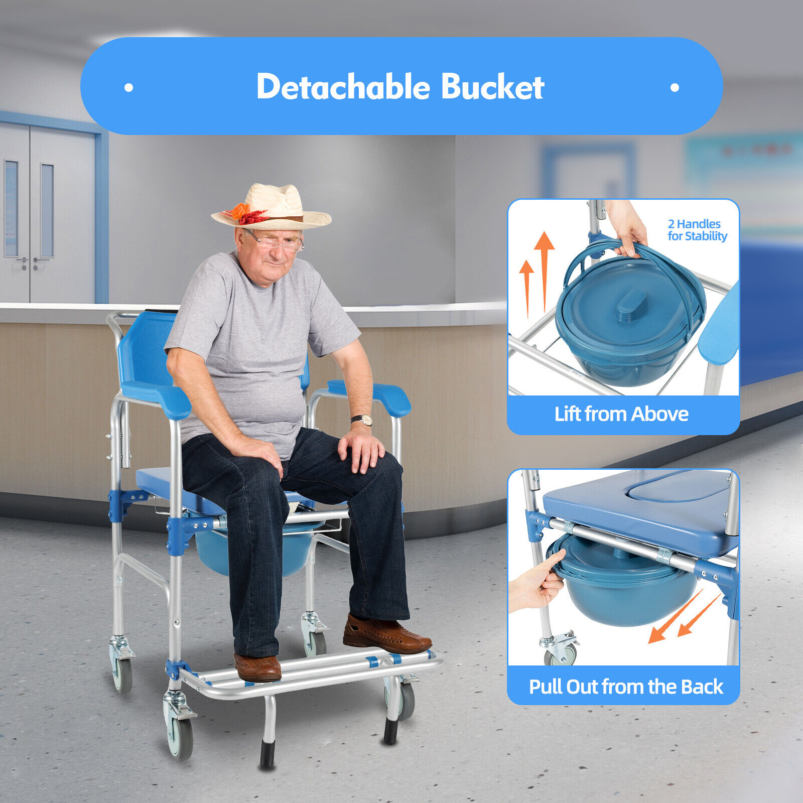 Elderly Shower Wheelchair,350lb Beside Commodes,Shower Potty Transport Chair,Bath Wheelchair Hight Adjustable,Flip Up Footrests Perfect for Handicap Disabled Travel Use