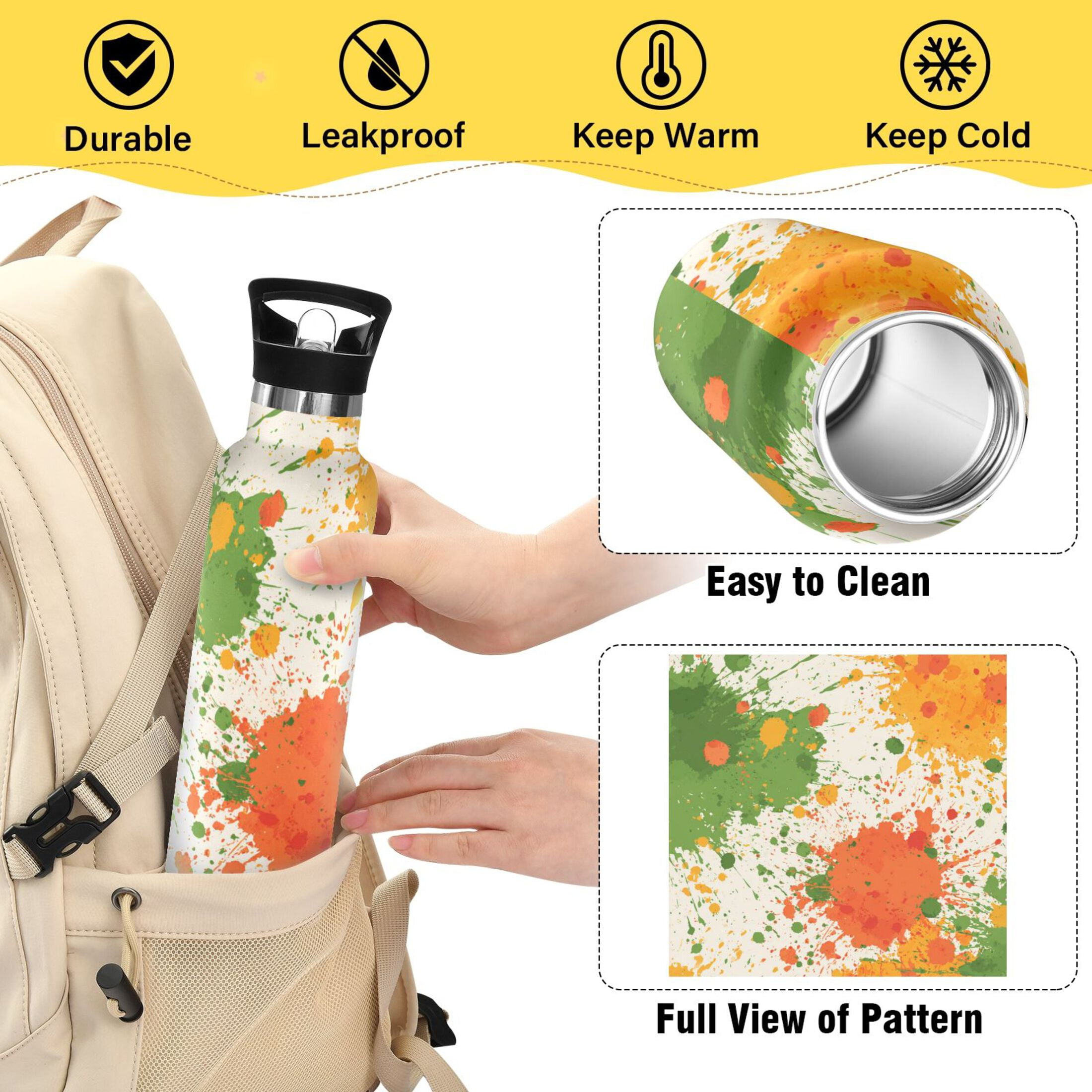 Kids Insulated Stainless Steel Sports Water Bottle 600ml (20oz) Paint Splatter Pattern