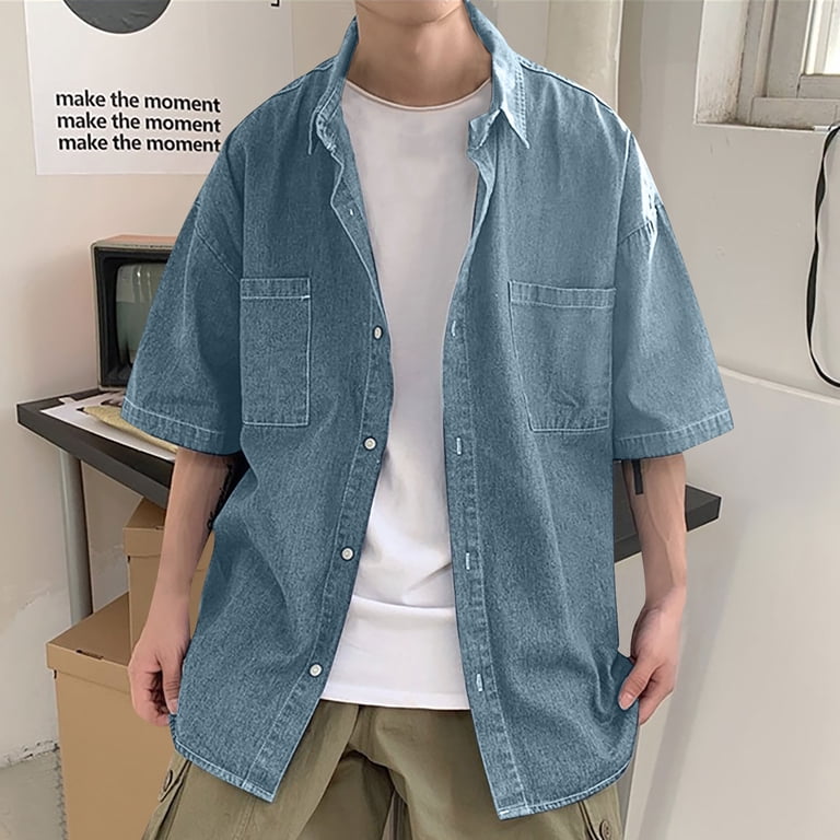 JUUYY Men's Summer Loose Fashion Short Sleeve Oversized Denim Button Down  Shirt Two Pocket Vintage Loose Fit Casual Jean Shirts Light Blue M -  Walmart.com