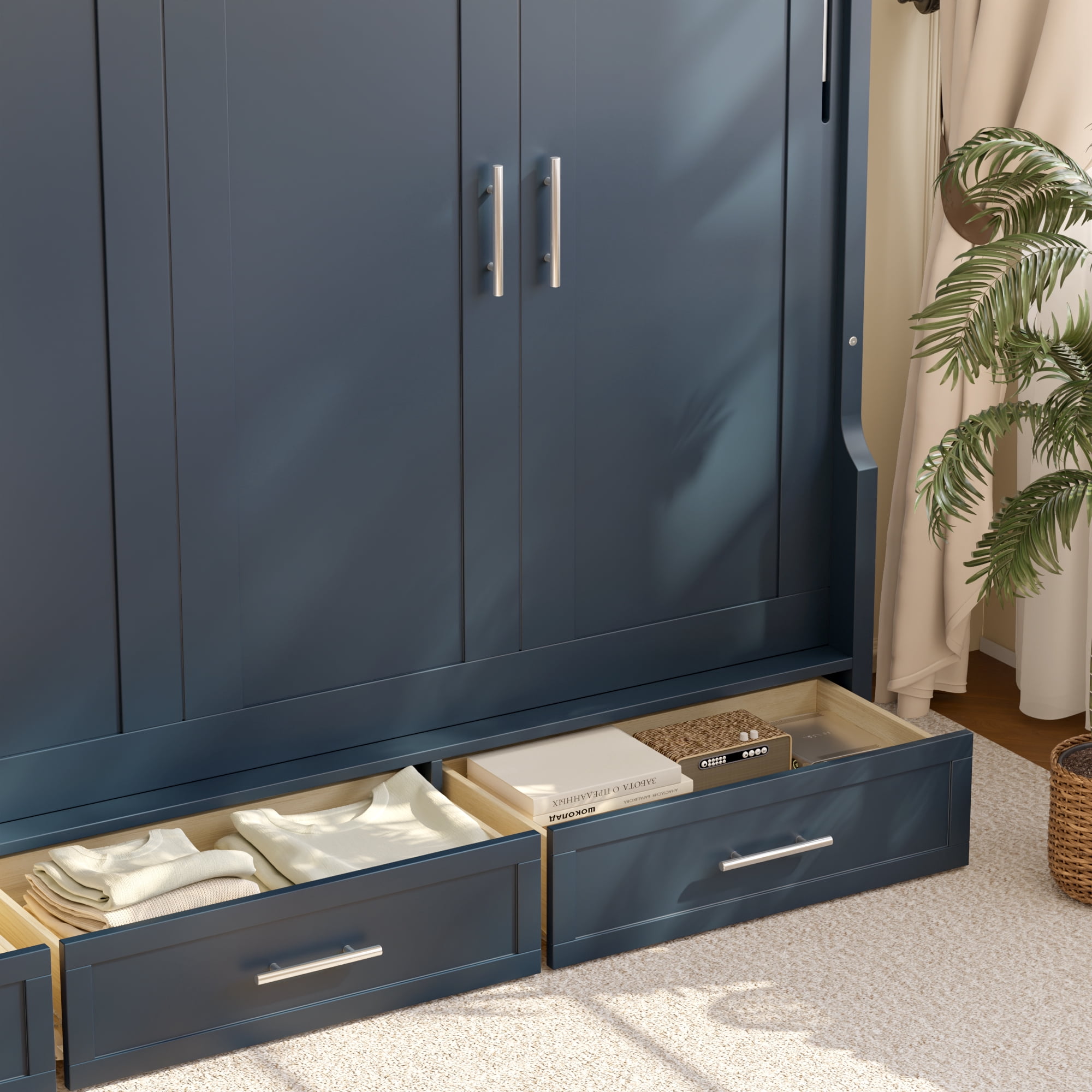 Mintazer Full Murphy Bed with Side Cabinets & 3 Drawers, Wall Foldable Bed with Storage for Bedroom Guest Room Home Office, Blue