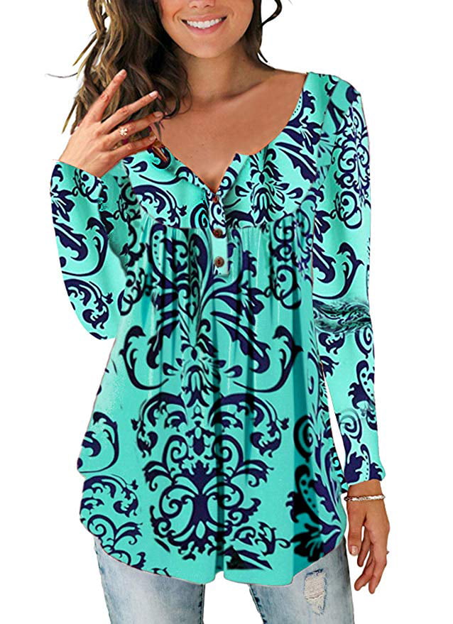 Halife Women's Roll Up Long Sleeve Floral Print V Neck Henley Tops Blouse Shirts Tunic