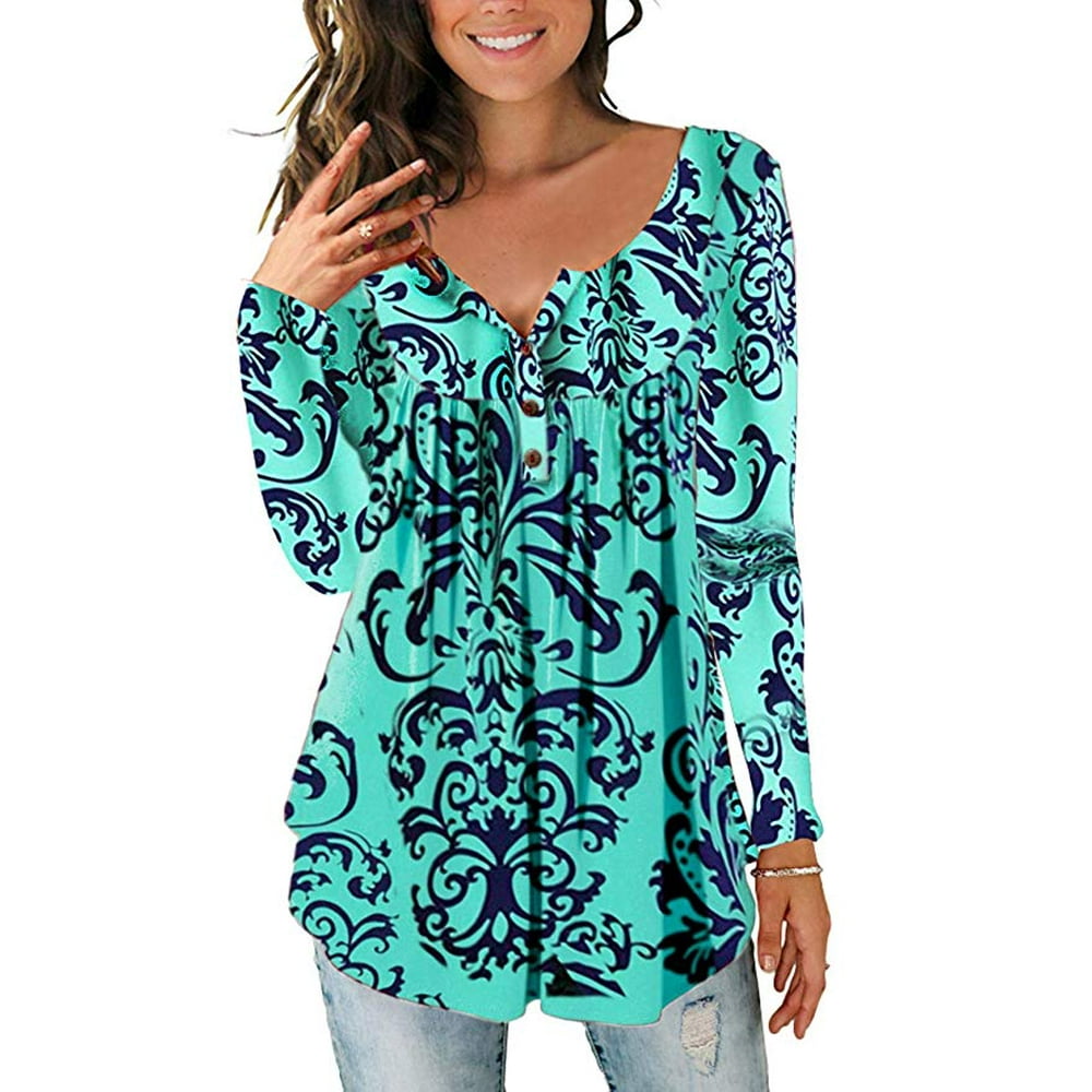 WWWOO Womens Long Sleeve Floral Tops Henley V Neck Loose Tunic Blouse