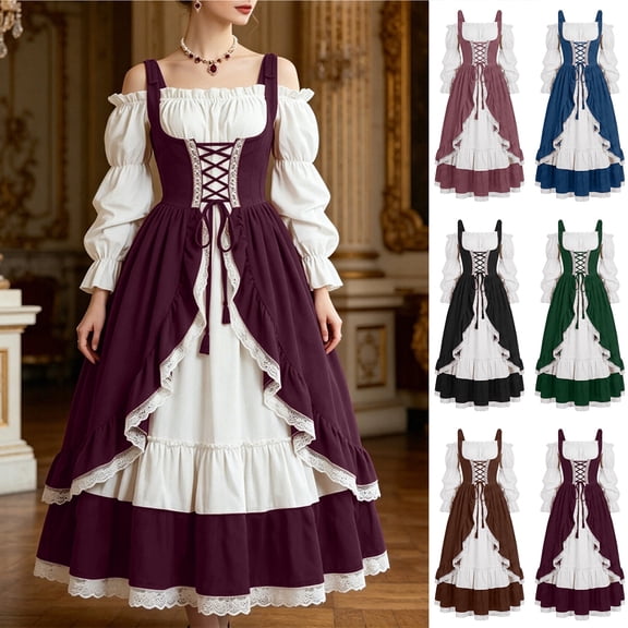 Smsaxvxz Halloween Costumes for Women Fashion Medieval Renaissance Costume Maxi Dress Purple 2XL