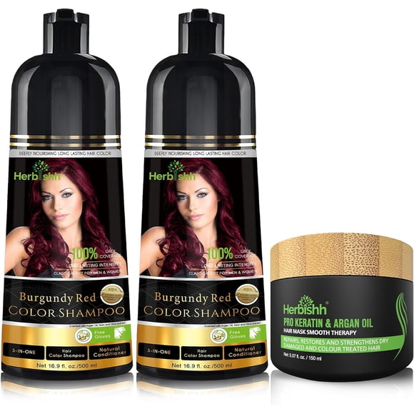 Herbishh Burgundy Hair Color Shampoo for Gray Hair, Hair Dye Shampoo with Argan Hair Mask,3 in 1, 100% Gray Coverage, Permanent Hair Color for Men & Women, Ammonia-free, (Pack of 2)