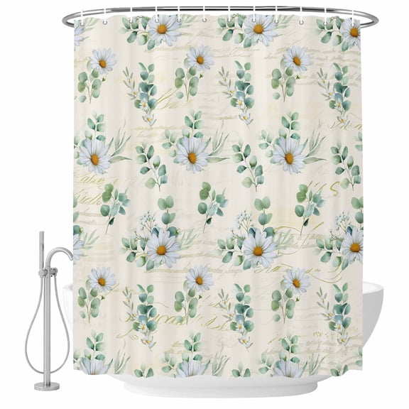 Daisy Shower Curtain Set - Long 72" x 84" Washable Bathtub Curtain with 12 Hooks, Spring Floral Eucalyptus Leaves Botanical Beige Waterproof Fabric Stall Shower Curtains for Bathroom/Bathtub Décor