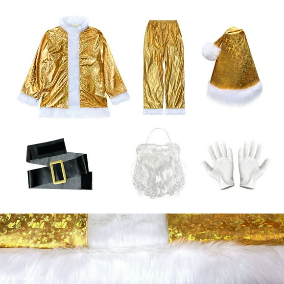 Men’s Santa Claus Costume Set – 12-Piece Christmas Suit with Gold Foil Print, Laser Patent Leather Jacket & Pants, Holiday Performance Outfit