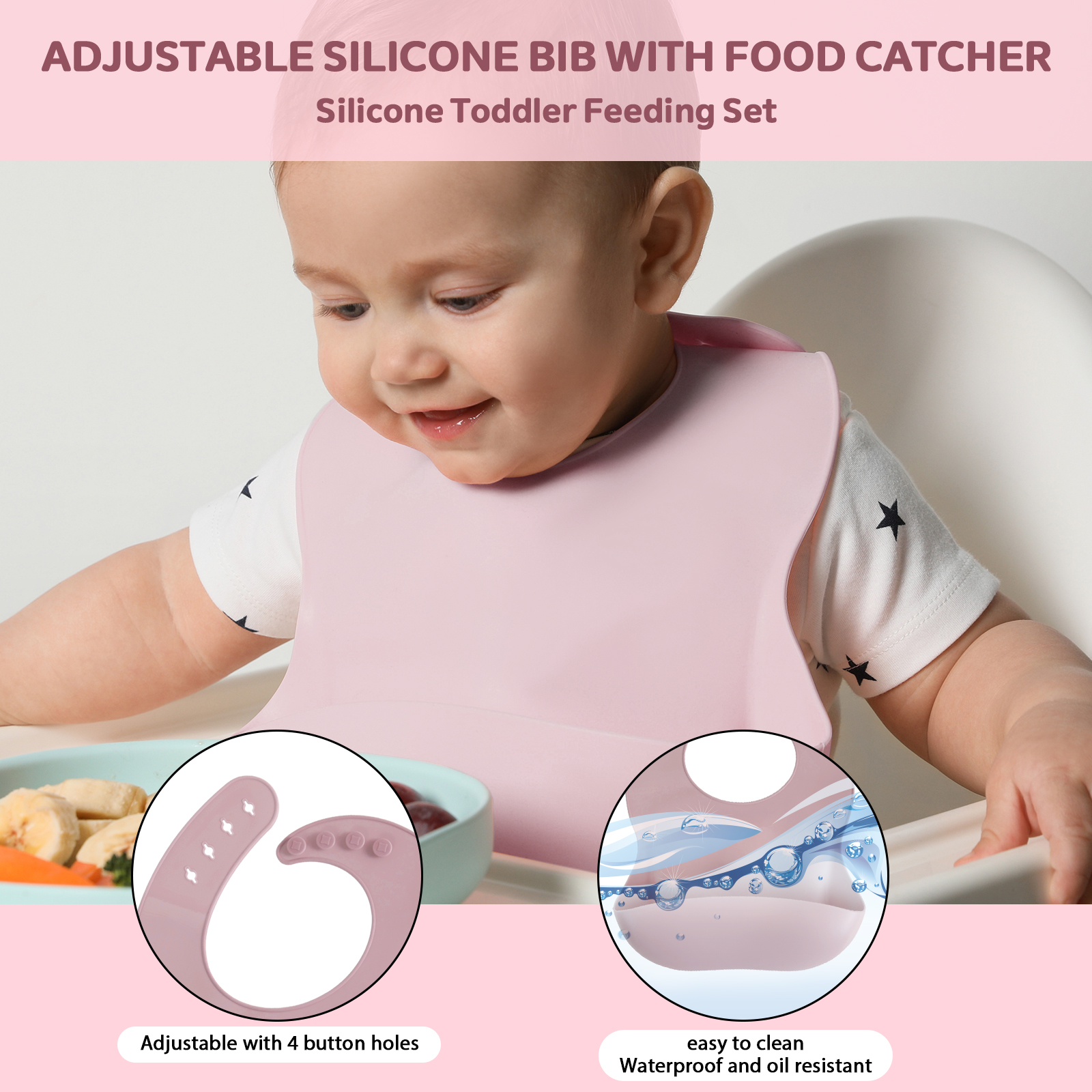 Protoiya 8Pcs Baby Feeding Set,Silicone Tableware Set Reusable Baby Led Weaning Supplies Washable Suction Baby Bowl and Plates for Toddlers Home(Pink)