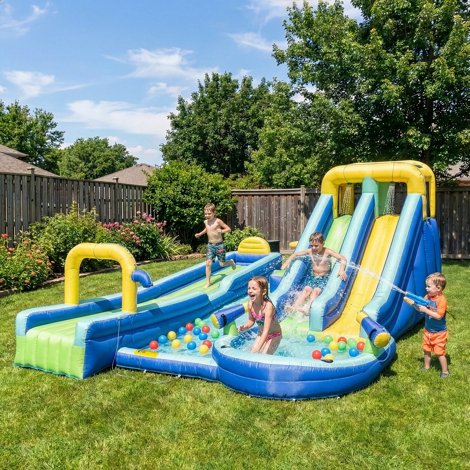 Ktaxon 8-in-1 Inflatable Water Slide Bounce House with Blower, 232" x 177" x 83", Shark Themed Water Park, Dual Slide & Long Slide for Kids Backyard