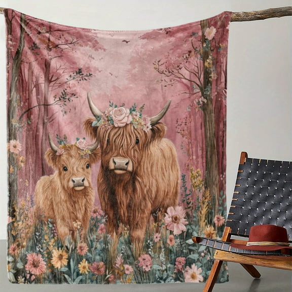 Vintage Scottish Highland Cow Blanket - Soft Flannel All-Season Warmth with Scottish Cow Print (Calf & Cow Design, Pink/Green/Beige) - Plush Bedspread for Sofa, Bed, Travel, Camping - Machine Washabl