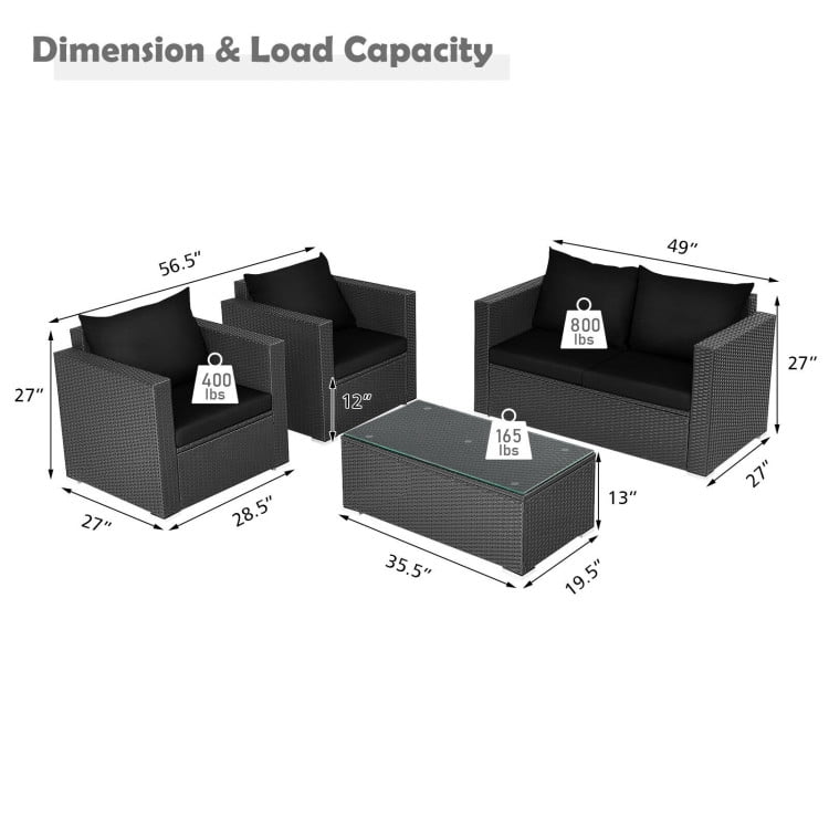 Aimee Lii 4 Pieces Patio Rattan Conversation Set, Small Patio Set with Padded Cushion and Tempered Glass Coffee Table, Black Aimee Lii 4 Pieces Patio Rattan Conversation Set, Small Patio Set with Padded Cushion and Tempered Glass Coffee Table, Black