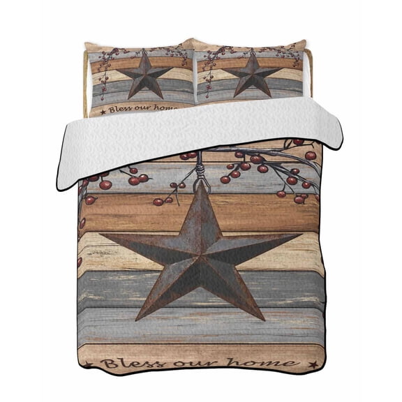 Quilts Twin Size, Grey Brown Texas Star Soft Comforter Bedding Set for Bed, Retro Country Star Farmhouse Wooden Lightweight Quilted Bedspread with Pillow Cover(2 Pieces) for All Season, 68x86 Inch