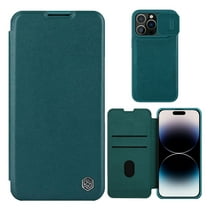 Wallet Case for iPhone 15 Pro with Camera Lens Sliding Cover Card Slots Holder, Premium PU Leather Shockproof Anti-Scratch Lens Protection Flip Folio Case for iPhone 15 Pro, Green