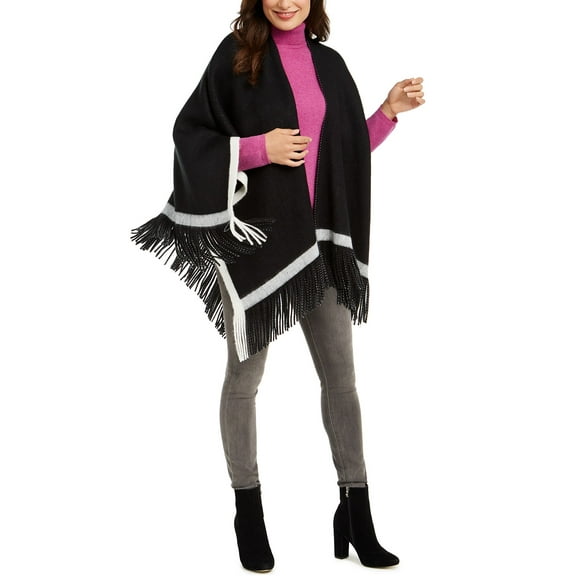 Vince Camuto Women's Pop-Stripe Fringe Soft Acrylic Poncho Wraps Shawl, Black