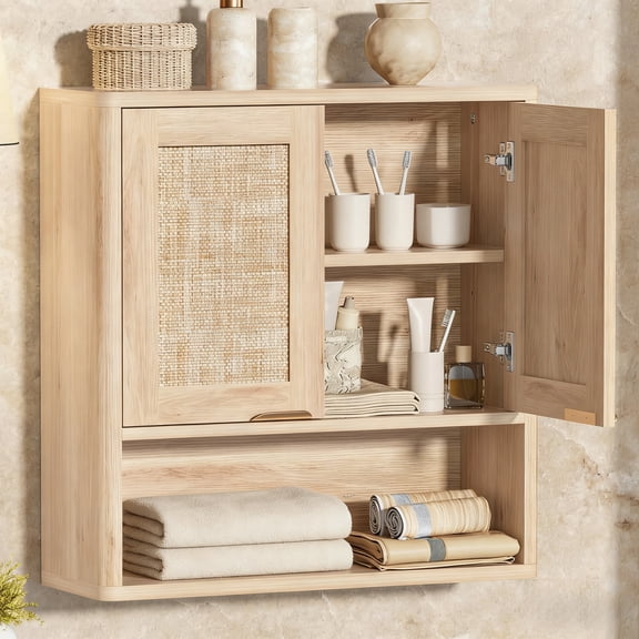 Buildhom Wall Mounted Storage Cabinet with Fluted Door, Over-The-Toilet Organizer with Adjustable Shelf for Bathroom, Kitchen, Natural