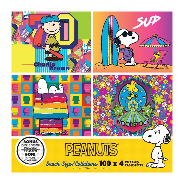 RoseArt Snack Size 400-Piece Peanuts Adult Interlocking Puzzle set with four 100-piece snack-sized puzzles featuring Charlie Brown with a bat and number 70, Snoopy in sunglasses with Woodstock on a beach, Snoopy on a rainbow-striped doghouse, and Woodstock with a floral Woodstock logo, including a bonus puzzle poster for quick, fun builds.