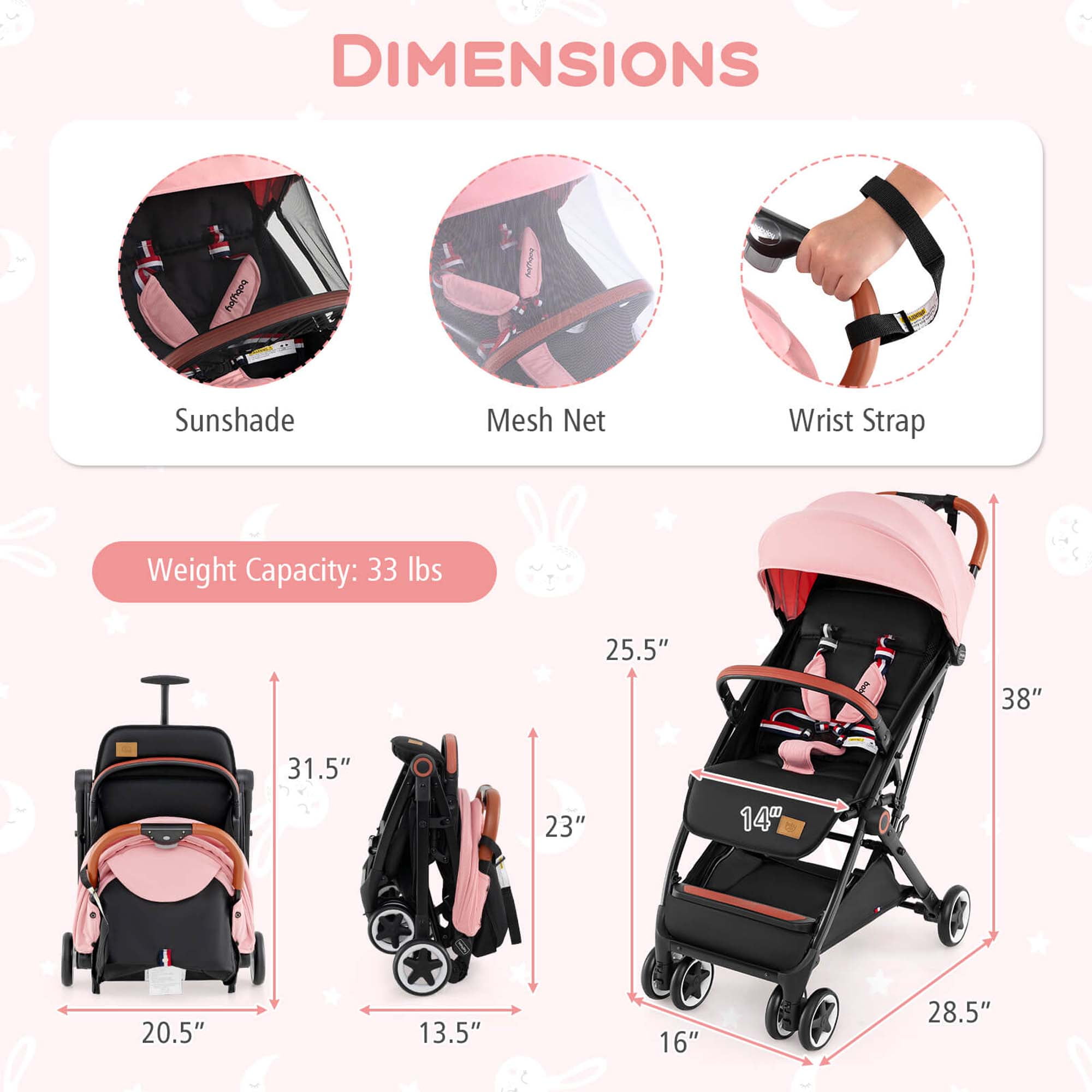 Costway Lightweight Baby Stroller Aluminium Frame with Net for Travel Pink