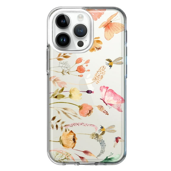 MUNDAZE Case for Apple iPhone 15 Pro Max Slim Hard Shell Soft TPU Hybrid Shockproof Heavy Duty Protective Phone Cover - Peach Meadow Wildflowers Butterflies Bees Watercolor Floral
