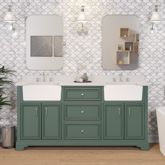 Zelda 72" Double Farmhouse Bathroom Vanity with Sage Green Cabinet and Quartz Top