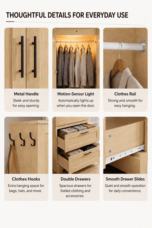 Lacoo Beige Wardrobe Armoire, 70.8 in, 2 Drawers, Motion-Sensor Light