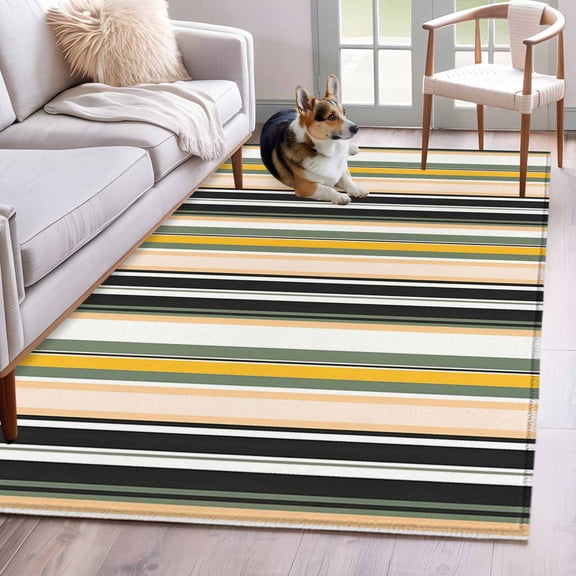Green Yellow Black Striped Area Rug 4x6 Washable Rug Non Slip Modern Stripes Art Farmhouse Large Area Rug Indoor Floor Carpet for Entryway Bedroom Kitchen Living Room Home Office Dining Room Nursery