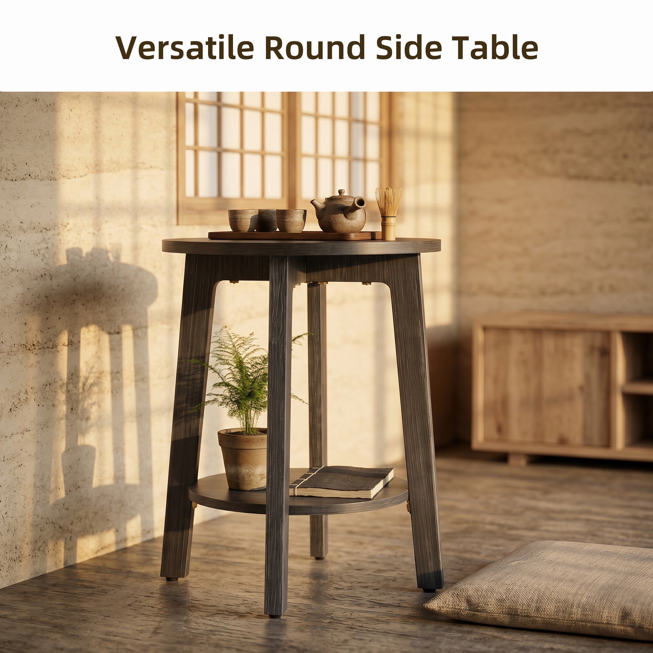EDX Small Round End Table, Modern Nightstand with Tapered Legs, 2-Tier Storage Side Table, Easy Assembly, Space-Saving Accent Table for Living Room Bedroom, Grey