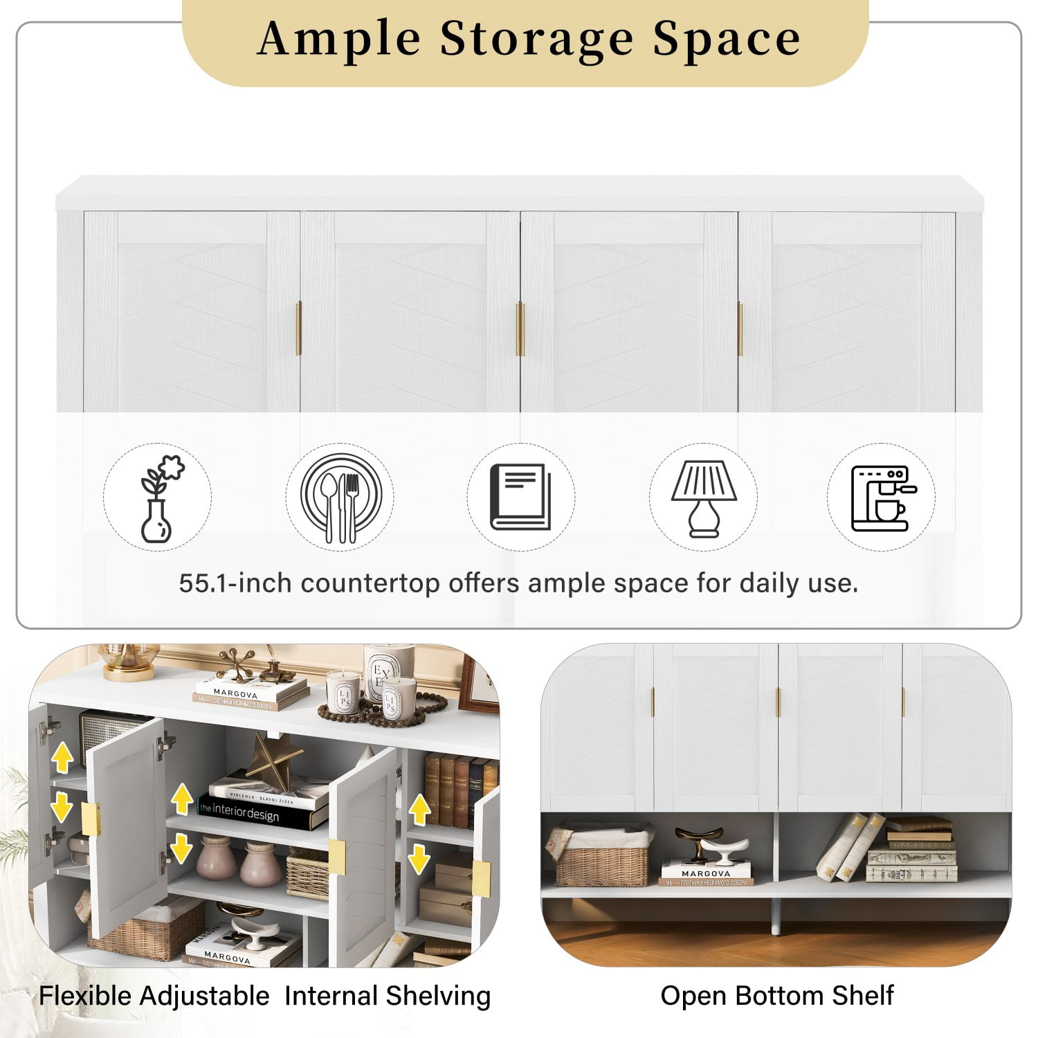 55.1" Modern Storage Sideboard Cabinet, 4-Door Buffet Cabinet with Adjustable Shelves, Open Shelf & Hooks for Living Room Dining Room Entryway, White