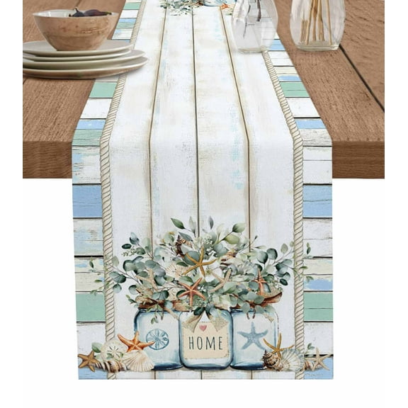 Green Eucalyptus Table Runner Cotton Linen 48 Inch Holiday Dresser Scarves, Botanical Floral Starfish Rustic Wood Tablerunner for Kitchen Coffee Dining Bedroom Dinner Scarf Décor 13''x48''