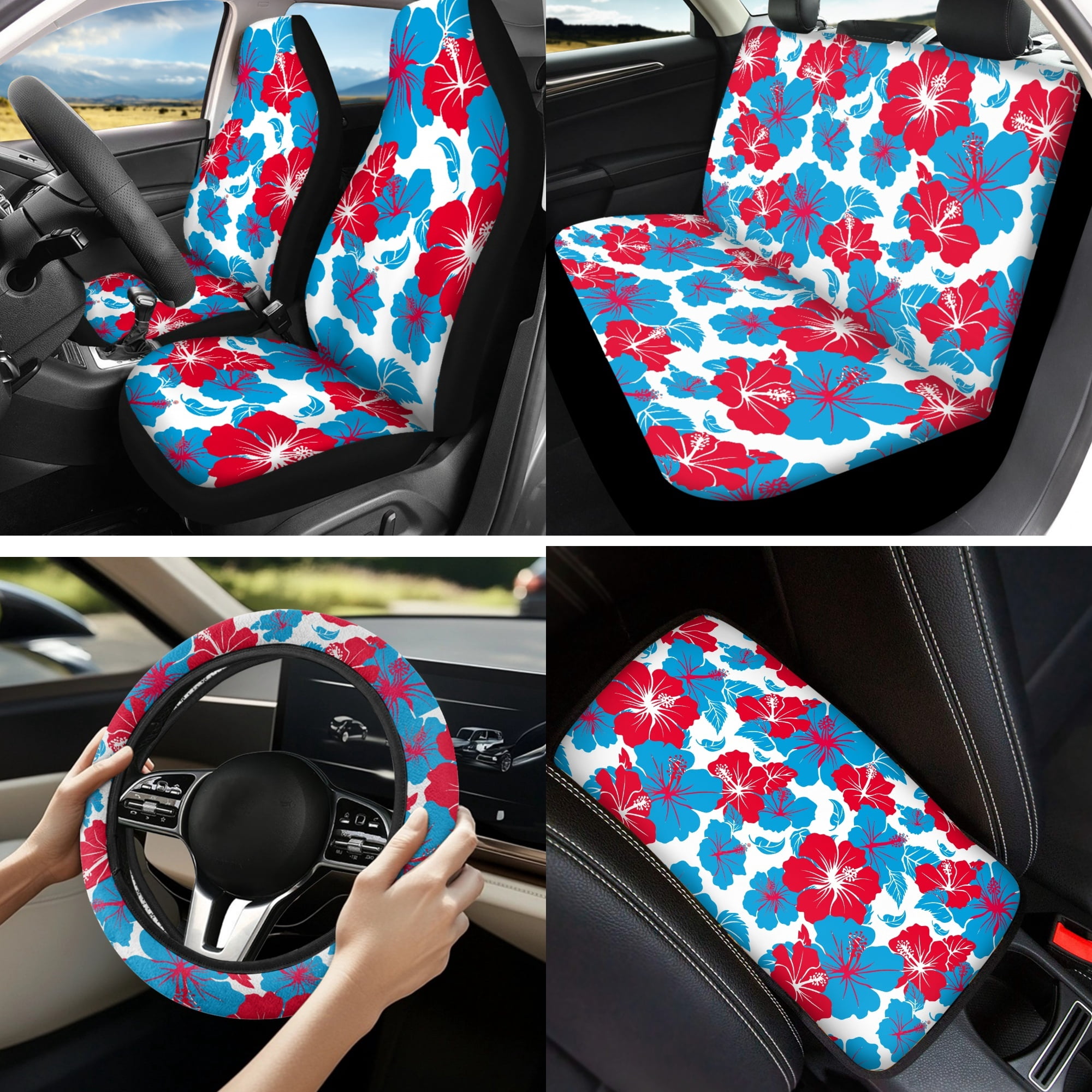 Jeiento Hibiscus Flowers Auto Seat Cover Full Set 13 PCS Car Accessories Set with Steering Wheel Cover Armrest Cover Seatbelt Shoulder Pad Cup Mat Key Ring Easy Install