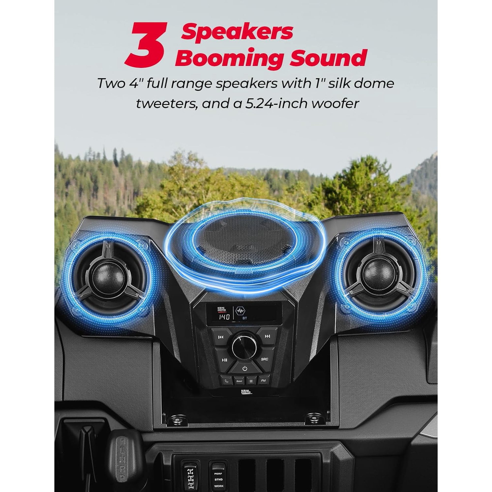 KEMIMOTO UTV One-Piece 3-Speaker Audio Radio Kit w/ 5.25" Woofer Compatible with Polaris Ranger XP 1000