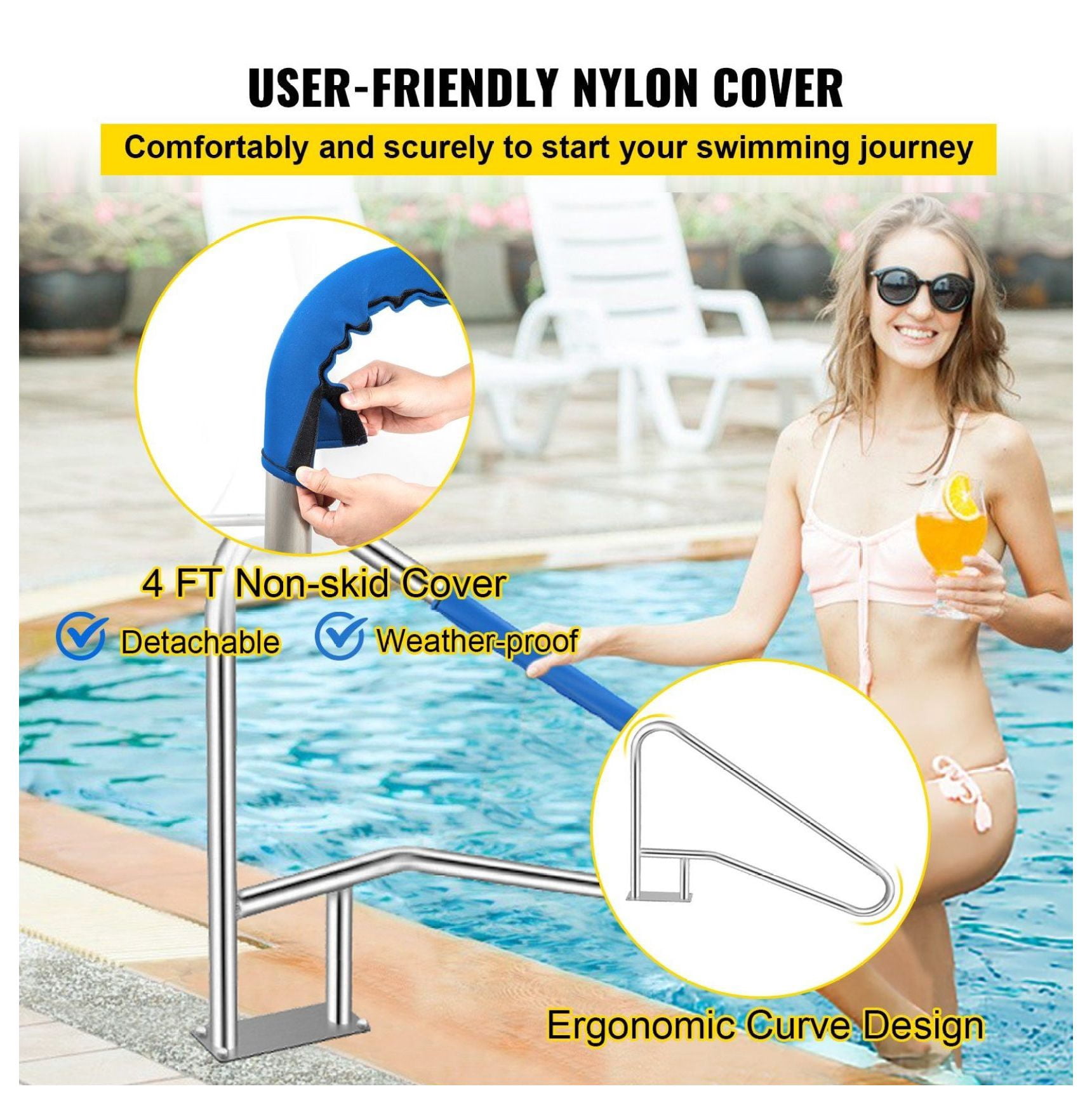 Pool Rail 55x32 Stainless Steel Handrail - 250LBS Capacity, Rustproof, with Blue Grip & Installation Kit