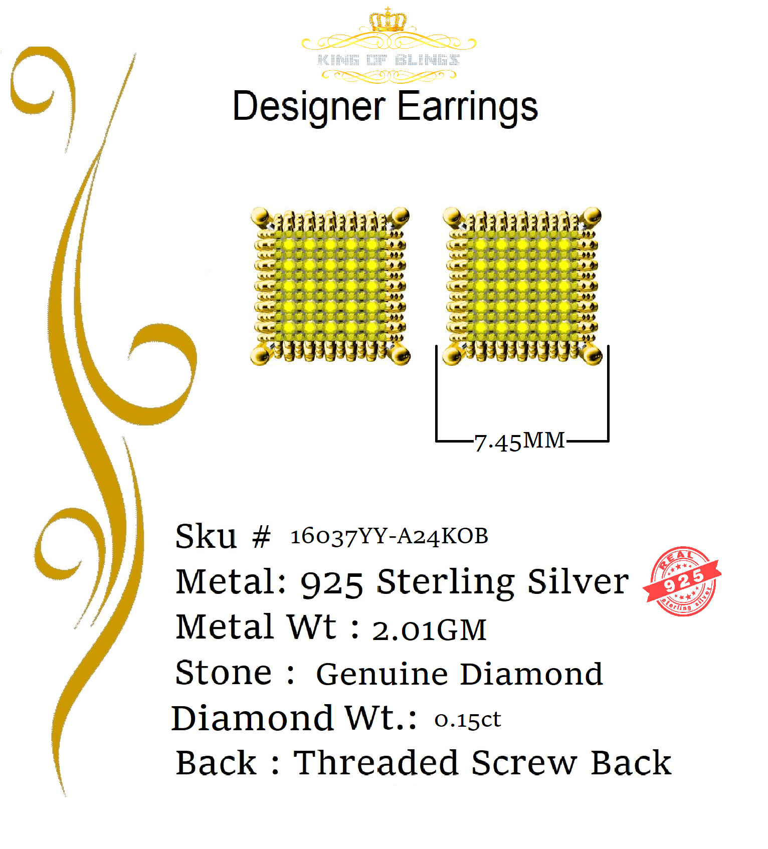 King of Bling's 0.15ct Yellow Diamond 925 Sterling Silver Stud Women's/ Men's Square Earrings