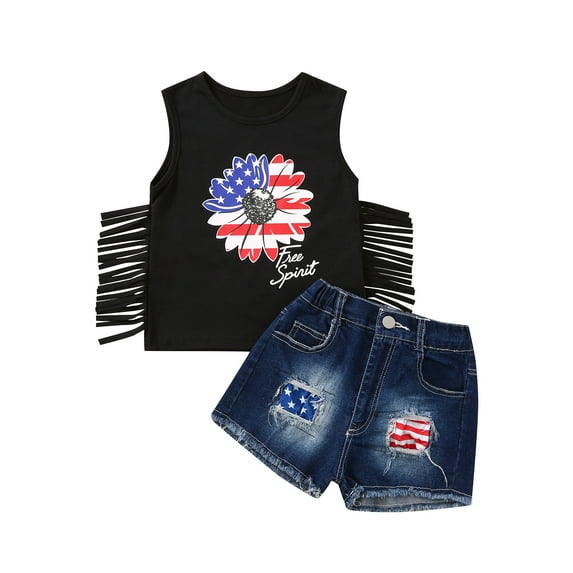 Qmyliery Girl Two Piece Set, Round Neck Summer Vest Side Sunflower National Flag Pattern Tassel Decor Tops Matching Denim Shorts