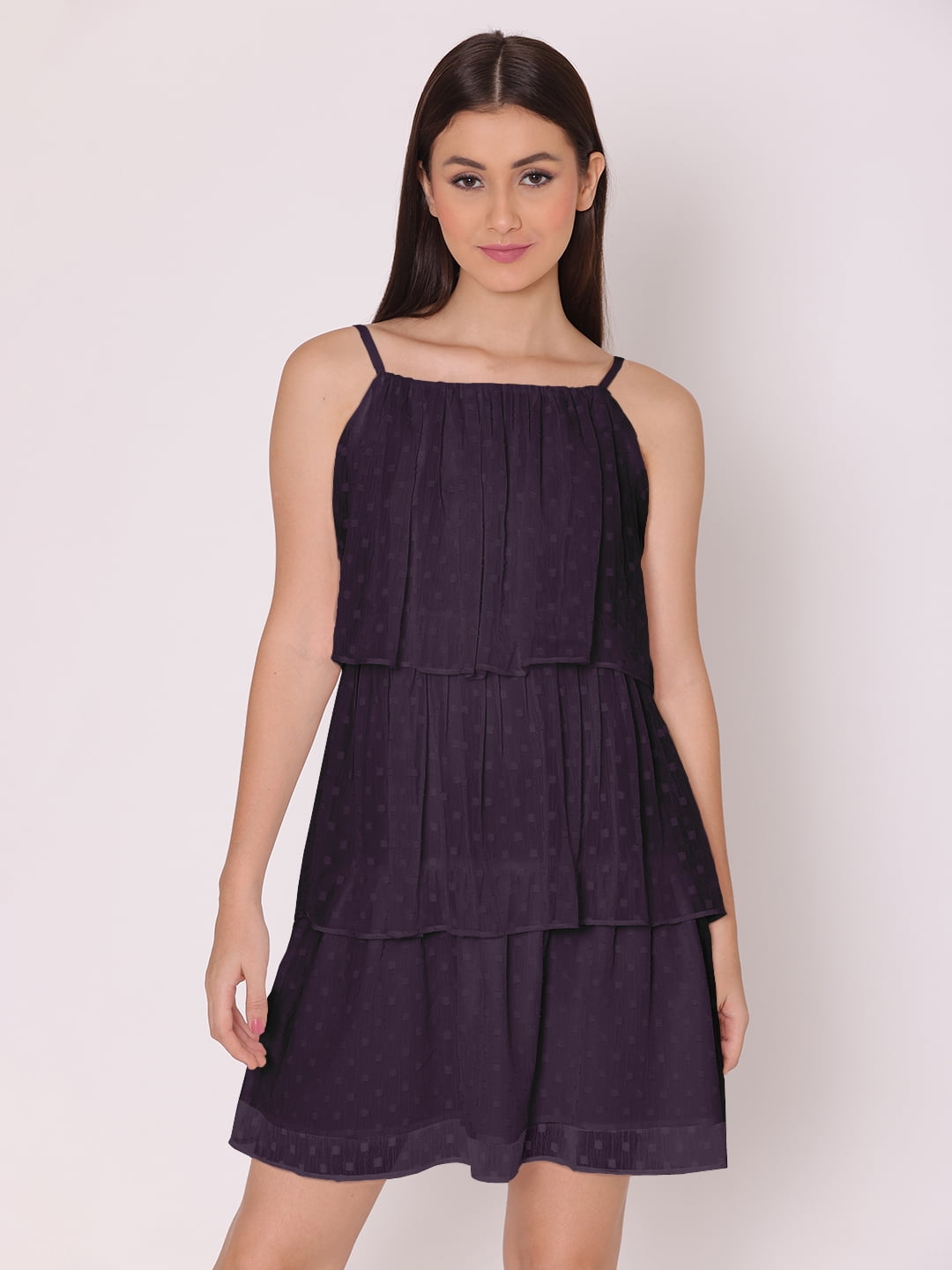 DressBerry Women's Mini Dotted Dress Sleeveless High Rise Cowl Neck Multi Layered Wear Strappy Short Dress -