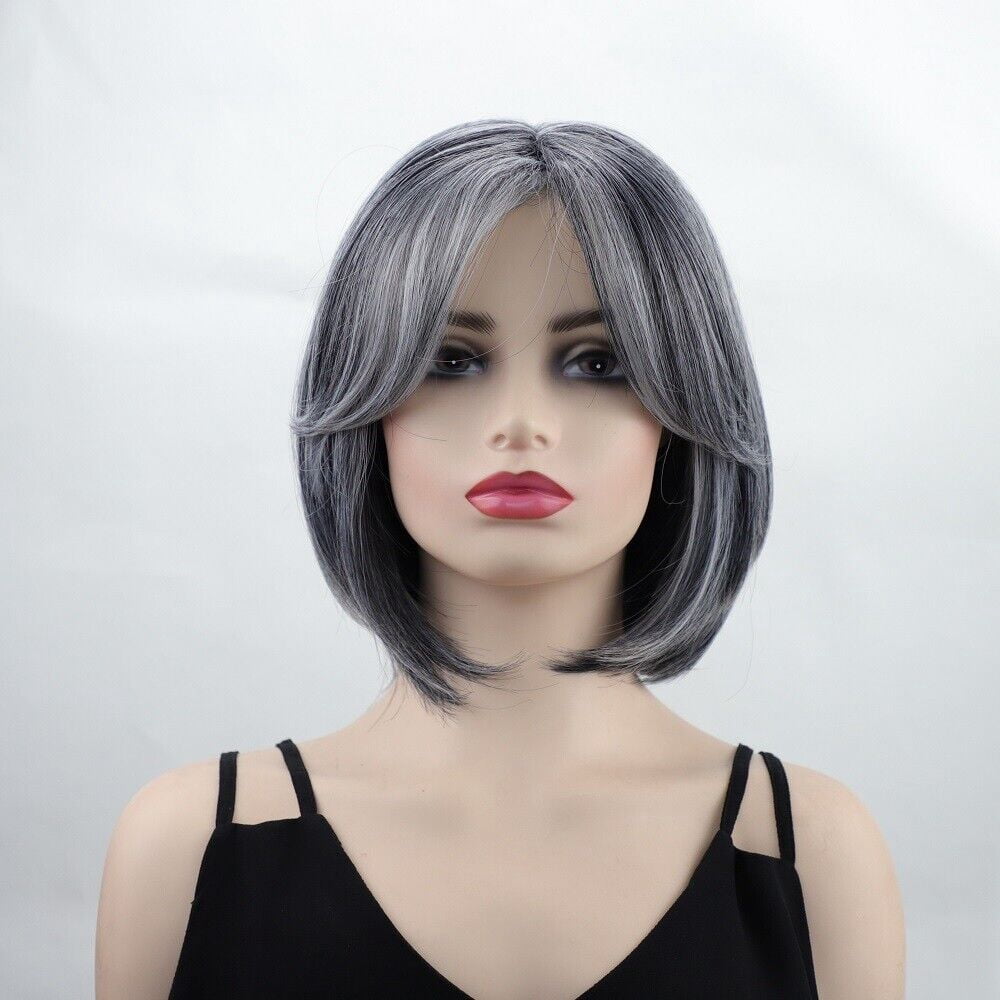 New Women's Short Straight Bob Wig with Curtain Bangs Gray Synthetic Hairpiece