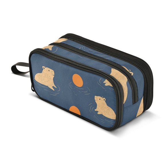 FORMRS Pencil Case with 3 Compartments Zipper Pouch, Elementary School Level and up, Blue Capybaras