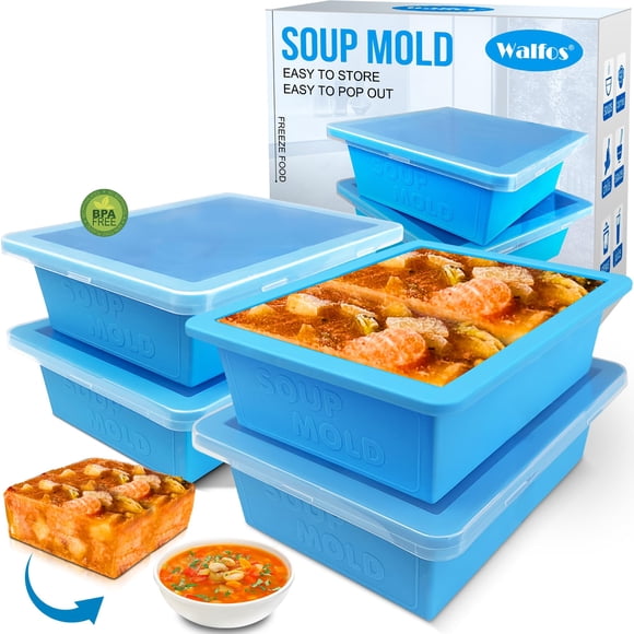 Bandeja de congelación Walfos Silicone 500 ml con tapa, paquete de 4 unidades, azul