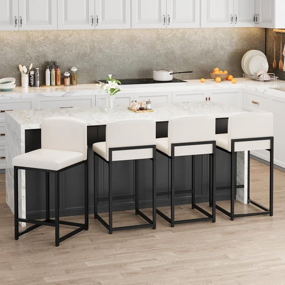 Bar Stools Set of 4, Modern Upholstered Barstools with Backs, Counter Height Bar Stool Chairs for Kitchen Island, Dining Room, Metal Legs & Faux Leather, White Counter Stools