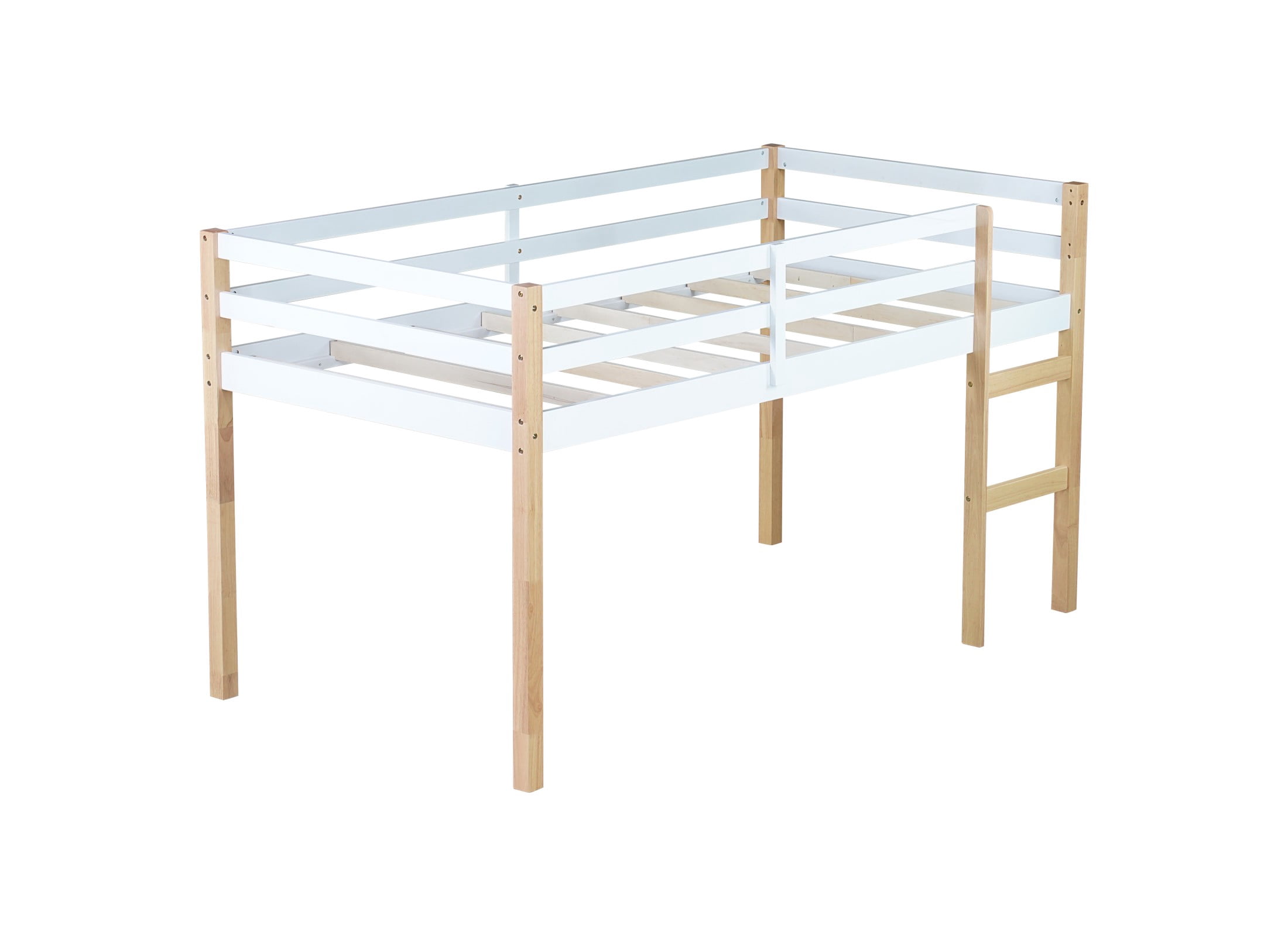 Aukfa Rubber Wood Twin Loft Bed with Ladder for Kids Girls Boys, Strengthened Slats, Natural/White