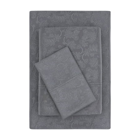 Mainstays Super Soft Brushed Microfiber Bed Sheet Set, Grey Embossed Hayden Paisley, Twin-XL, 3 Piece