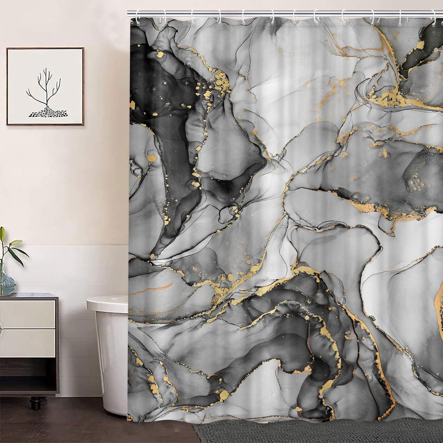 Gray Marble Bathroom Shower Curtain Set with Hooks 72X84in