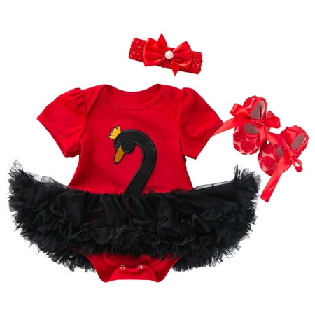 

Rovga Baby Girl Bodysuits Girl Summer Dress Swan Pattern Short Sleeve Shaggy Skirt Crawling Suit Shoes Hair Accessories Three Piece Set