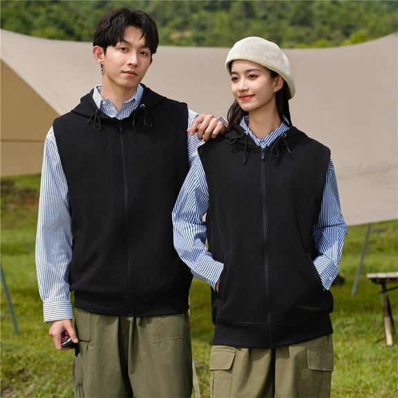 Men's Hoodies Big And Tall Solid-Color Convenient Outdoor Zipper Drawstring Pocket Sleeveless Hooded Blouse