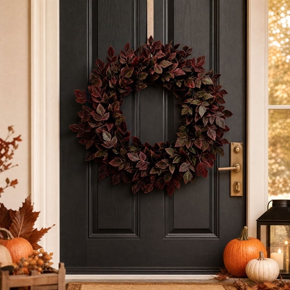 Texas Halloween Layered Foliage Wreath, Plum, 24", Gothic Fall Foliage Door Decor, Layered Maple Leaf Hanging Ornament For Front Door Wall Window Indoor Outdoor Decoration