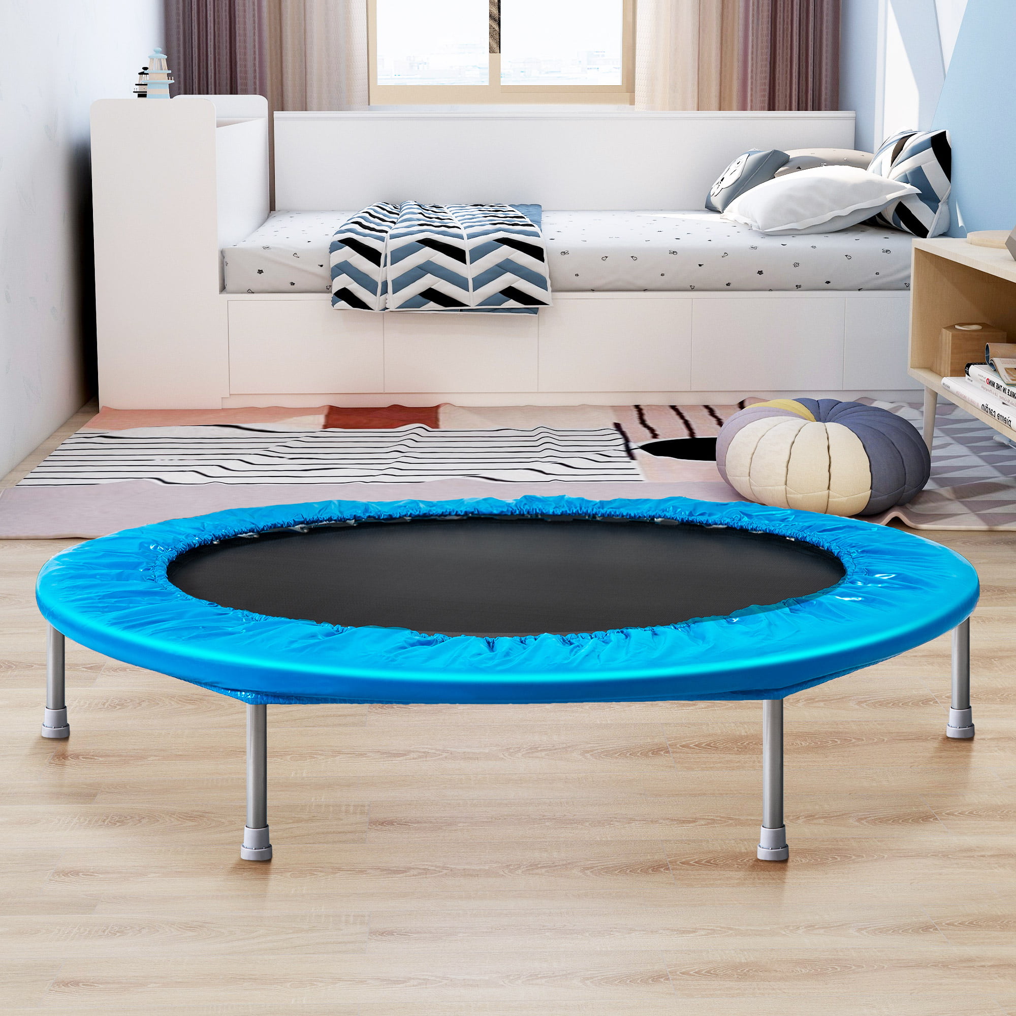 45in Trampoline Rebounder, BTMWAY Mini Indoor/Outdoor Folding Gym Fitness Trampolines, Kids Adults Folding Small Jump Exercise Rebounder Trampoline with Safty Pad, Max Load 180lbs, Blue, R071