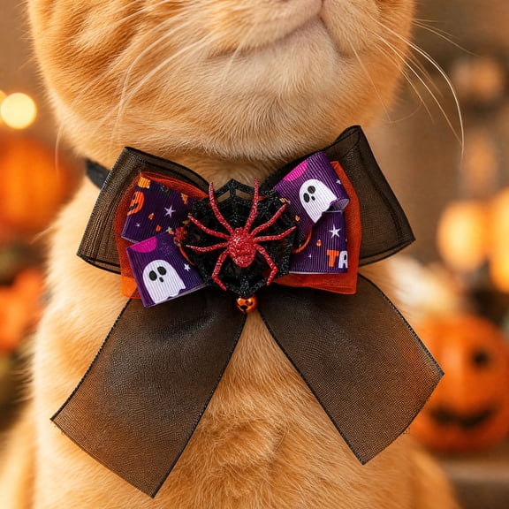 Halloween Dog Collar with and Ghost Bow Tie and Bell for Small Dogs and Cats, Festive Decoration