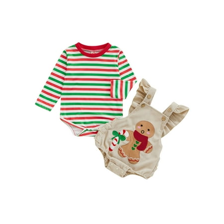 

ESASSALY Christmas Baby Girl Outfit Striped Romper Gingerbread Man Overalls