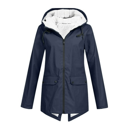 XFLWAM Fleece Lined Raincoat for Women Waterproof with Hood Solid Color Lightweight Outdoor Windbreaker Jacket Outerwear Navy Blue M XFLWAM Fleece Lined Raincoat for Women Waterproof with Hood Solid Color Lightweight Outdoor Windbreaker Jacket Outerwear Navy Blue M