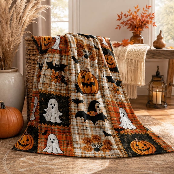 Clearance! Halloween Quilted Throw Blanket, Vintage Patchwork Pumpkin Ghost Witch Bat Print Soft Cozy Farmhouse Fall Decor Lightweight Quilt Blanket for Couch Bed