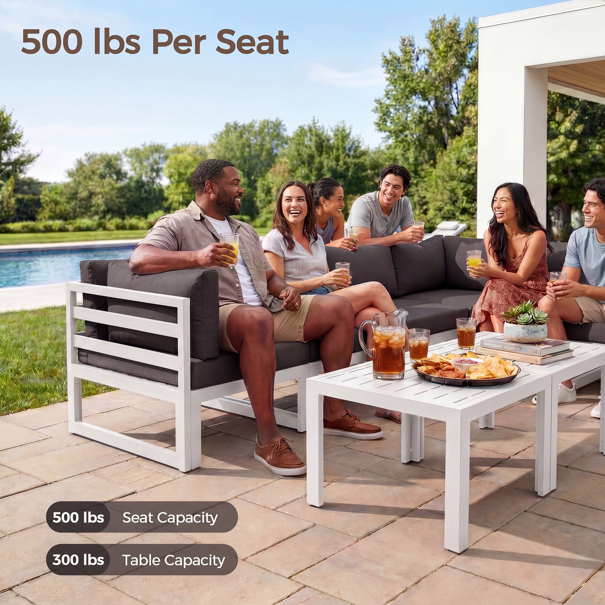 RADIATA Patio Aluminum Furniture Set with Oversized 29" Seats&Coffee Table, 8 Pieces Large Outdoor Modern Sectional Conversation Sofa Set with 4" Cushions for Backyard, Poolside, White&Dark Gray
