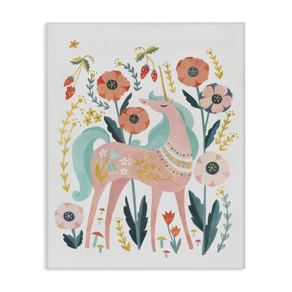 Stupell Industries Eclectic Pink Unicorn with Florals Canvas Art, 16 x 20, by Irene Chan